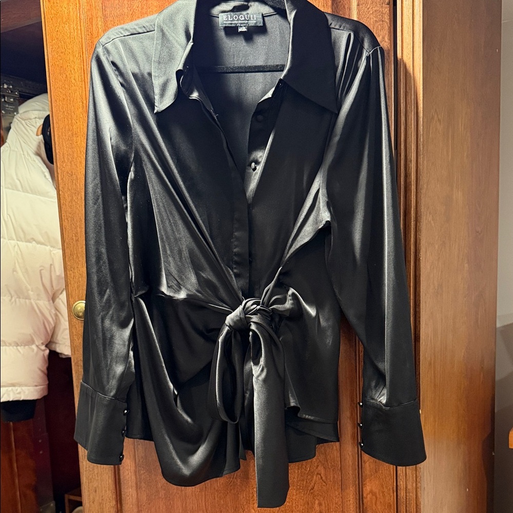 Eloquii Black Satin Tie-Front Blouse